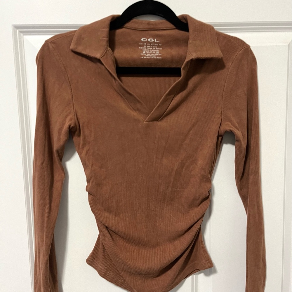 OGL Women's Brown Long Sleeve Polo Top w Heat Tech